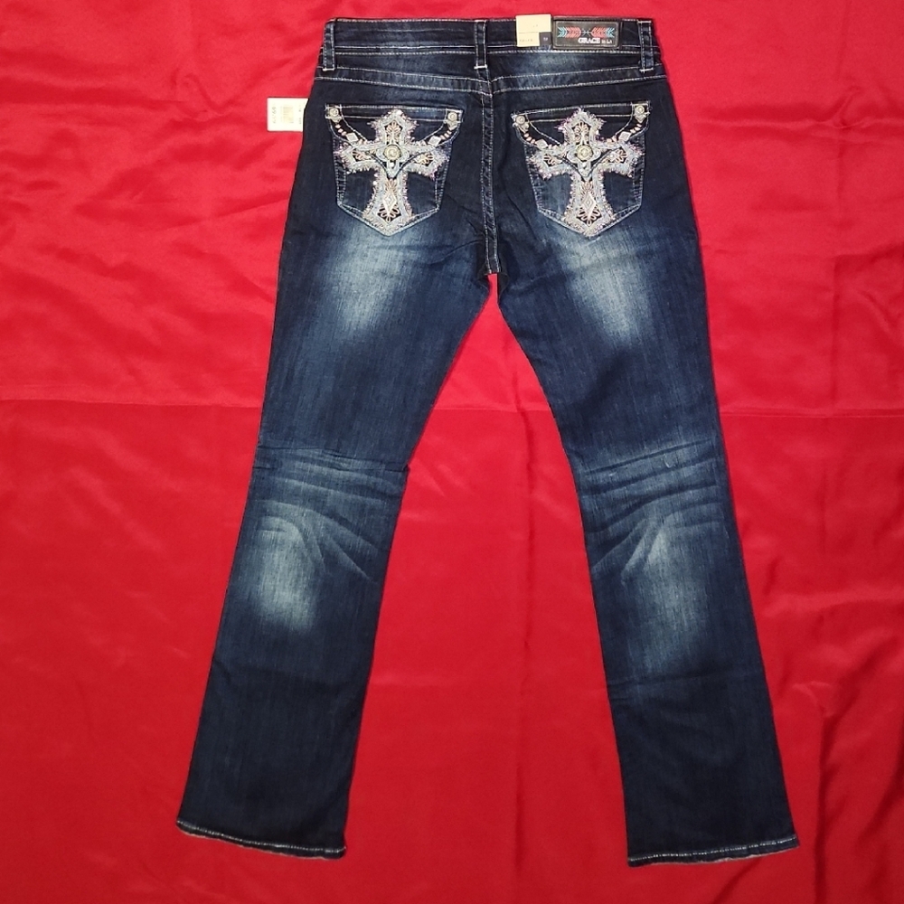 New Grace In LA 29x32 Bootcut Cross Embroidered Dark Blue Women Jeans